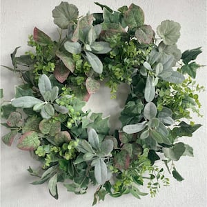 26 in. Unlit Green Artificial Wreath with Large Lambs Ear Green Foliage