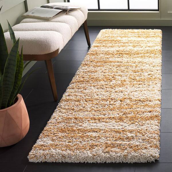 Hudson Shag 2 ft. x 10 ft. Ivory/Gold Striated Runner Rug