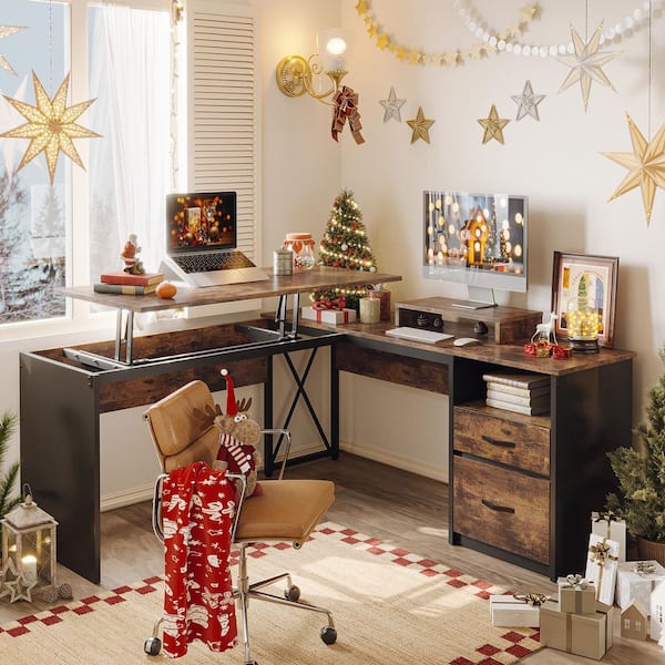 55.7 in. Rustic Brown 2 Drawer L-Shaped Computer Desk with Lift-Top