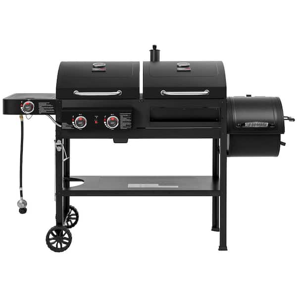 2-Burner Propane Gas and Charcoal Combo Grill with Offset Smoker Side Burner in Black