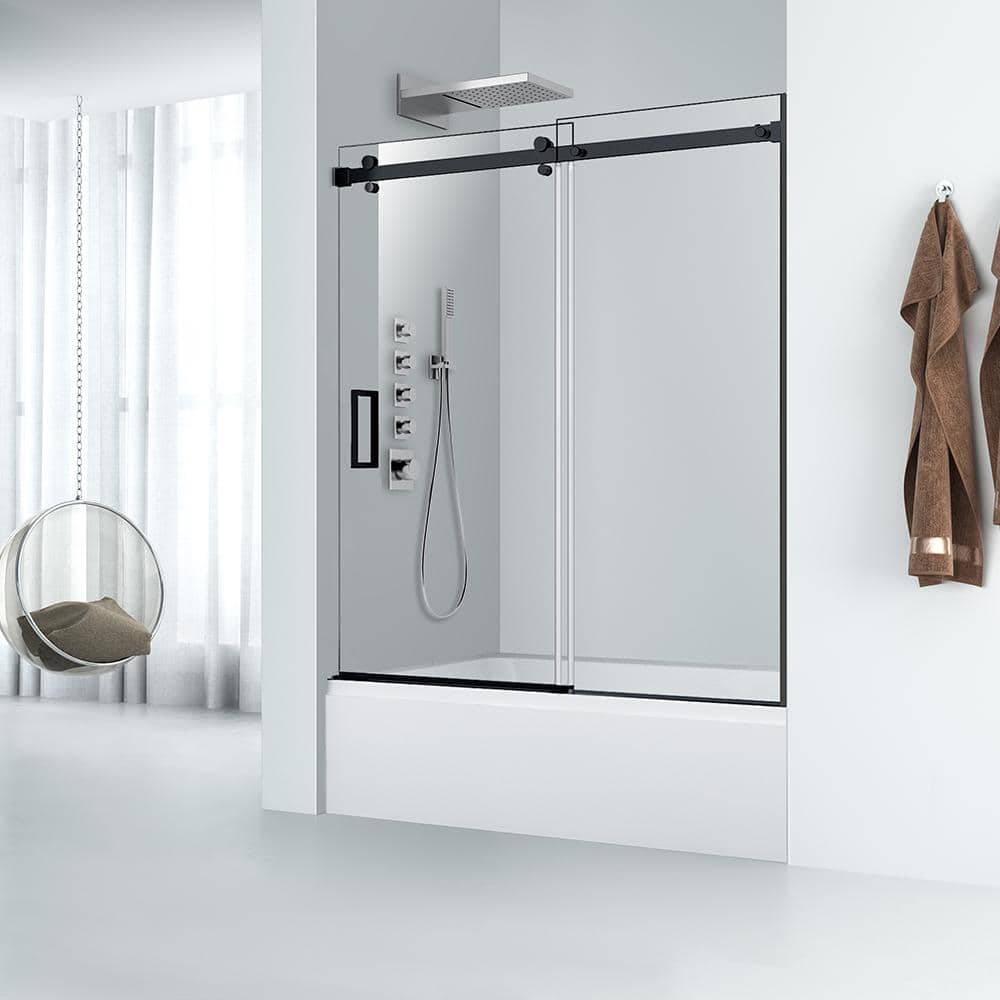 60" Matte Black Frameless Sliding Shower Door with Clear Glass