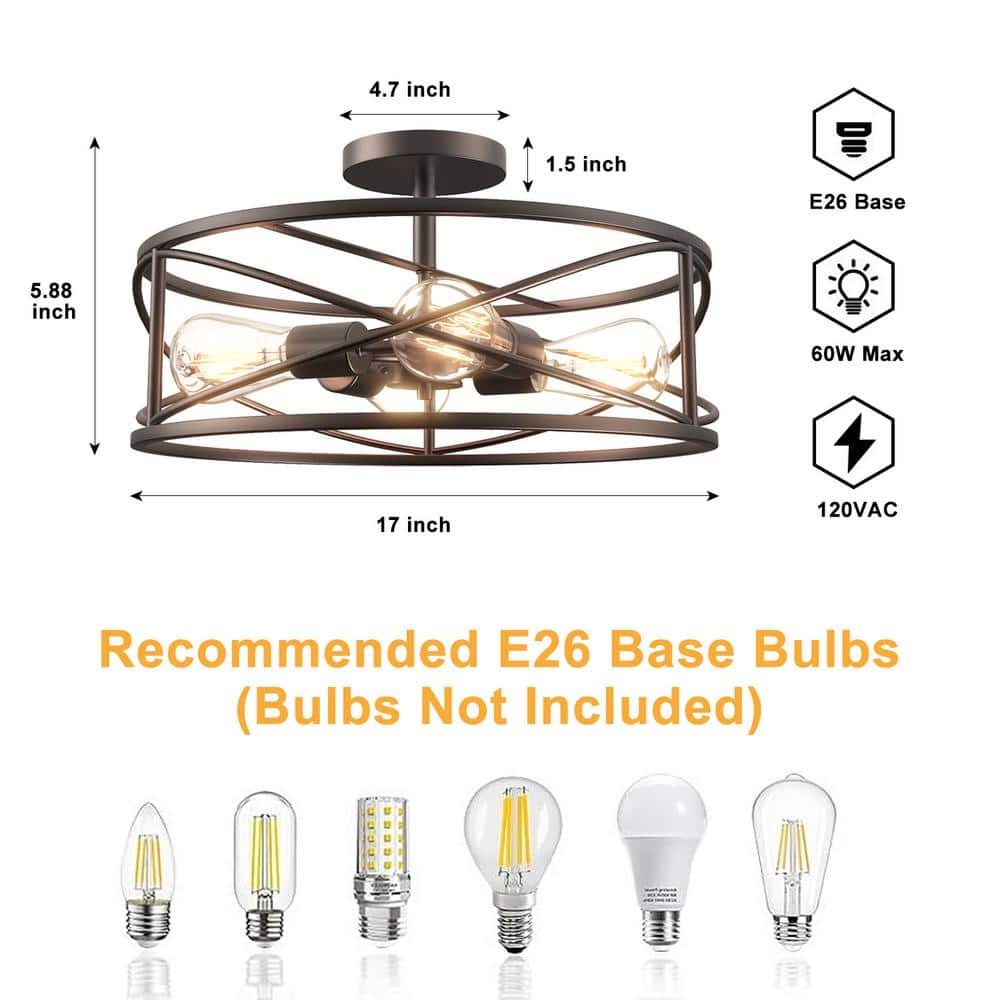 Defong 17'' Oil Rubbed Bronze 4-Light Caged Drum Semi Flush Mount