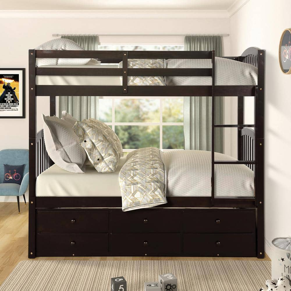 Espresso Twin Over Twin Bunk Bed with Trundle and Three Drawers, Wood Kid Bunk Bed Frame with Safety Rail and Ladder -  ANBAZAR, 00700ANNA