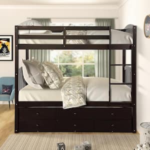 Espresso Twin Over Twin Bunk Bed with Trundle and Three Drawers, Wood Kid Bunk Bed Frame with Safety Rail and Ladder