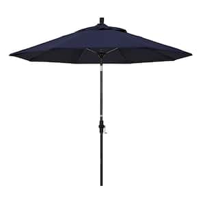 9 ft. Matted Black Aluminum Market Patio Umbrella with Fiberglass Ribs Collar Tilt Crank Lift in Navy Sunbrella