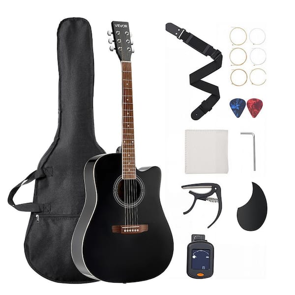 Cutway Acoustic Guitar 41 in. 6-String Black Solid Spruce Top Guitar Beginner Bundle with Gig Bag Tuner Strap