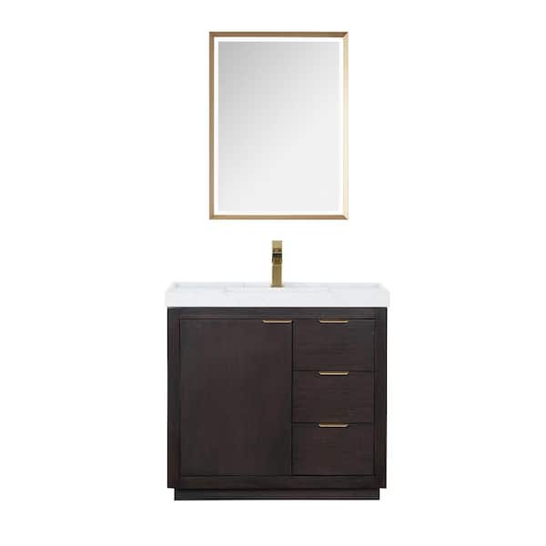 ROSWELL Leiza 36 in. W x 22 in. D x 34.2 in. H Single Sink Bath Vanity in Walnut with White Composite Grain Top and Mirror