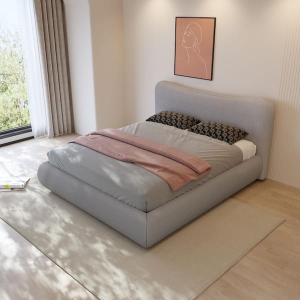 Lesly Gray Solid Pinus Wood Frame King Size Low Profile Platform Panel Bed with Lambswool Inward Concave Headboard and Sides