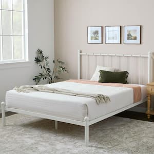 Phoebe White Metal Frame Full Platform Bed with Vertical Bar Headboard and Round Accents