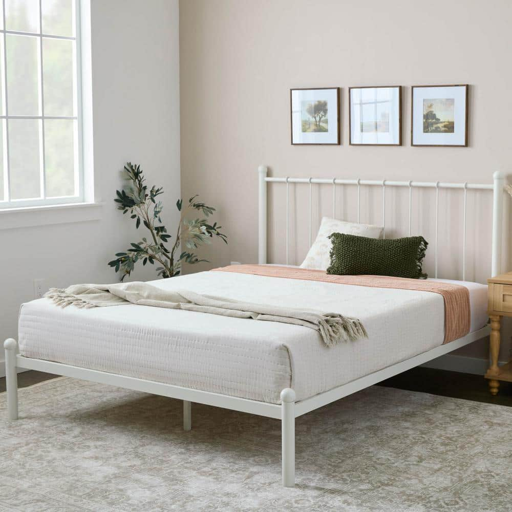 Phoebe White Metal Frame Queen Platform Bed with Vertical Bar Headboard and Round Accents -  Brookside, BSXC0005MBDQQWH