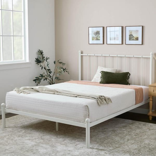 Brookside Phoebe White Metal Frame Queen Platform Bed with Vertical Bar Headboard and Round Accents