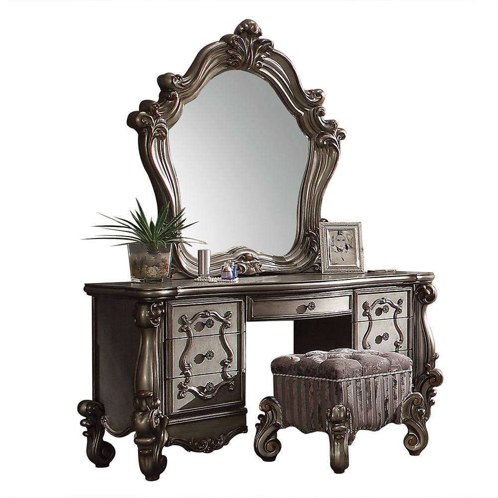 Antique Platinum Versailles Vanity Desk with Bench and Mirror