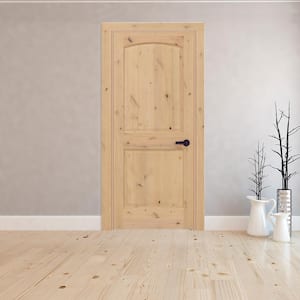 32 in. x 80 in. 2-Panel Round Top Left-Handed Unfinished Knotty Alder Wood Single Prehung Interior Door with Casing