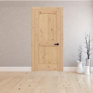 30 in. x 80 in. 2-Panel Round Top Left-Handed Unfinished Knotty Alder Wood Single Prehung Interior Door with Casing