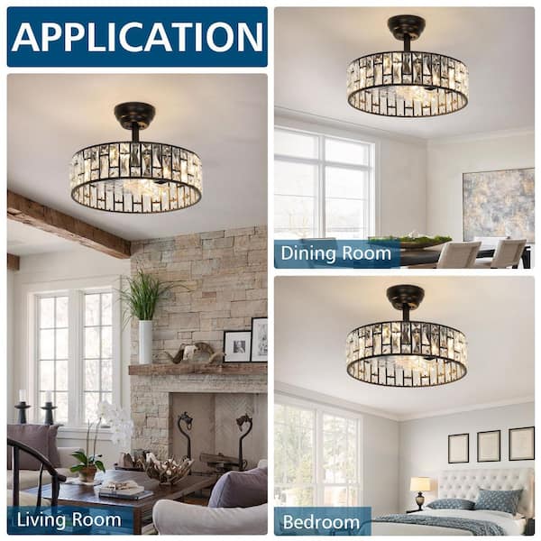 17.71 in. Indoor Modern Black Crystal Ceiling Fan with Light Luxury Fandelier with Silent Remote Reversible Fan Blades