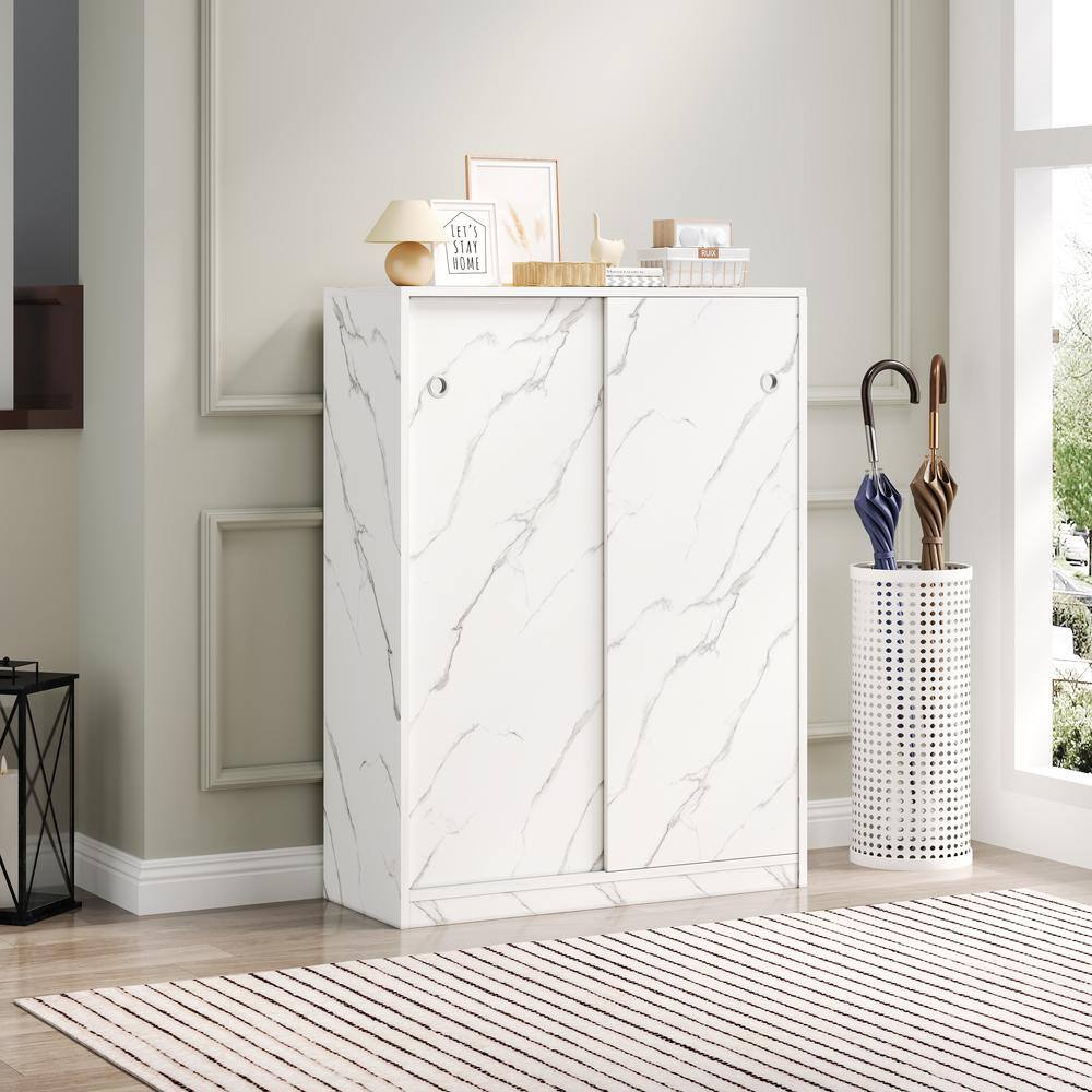 White Marble Sliding Door Shoe Cabinet with Adjustable Shelves