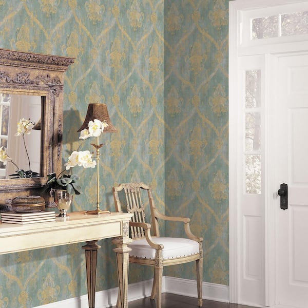 Regal Damask Wallpaper in Aqua, Green and Taupe