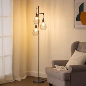 65 in. Black Finish Smart 1-Light Dimmable E26 Tree Floor Lamp for Living Room with Metal Black Cage Shade