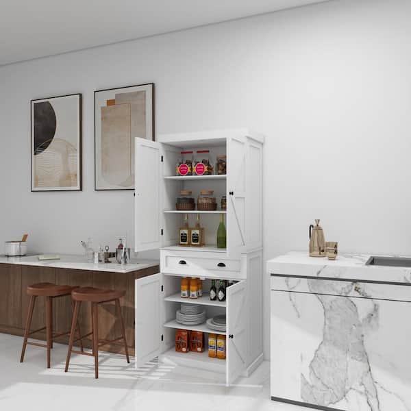 Tenleaf 6-Shelf White Wood Kitchen Pantry Organizer Linen Cabinet Kitchen Island with Adjustable Shelves, Drawer