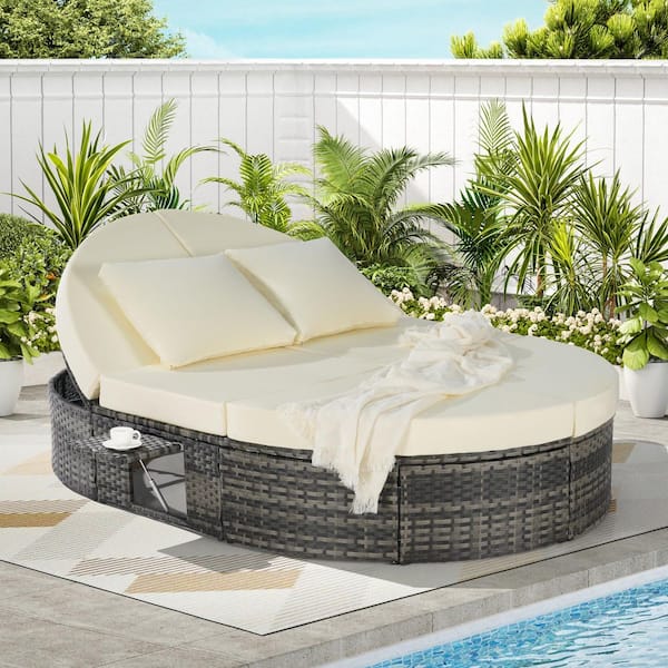 Sudzendf Gray Wicker Outdoor Day Bed with Beige Cushions, Pillows, Adjustable Backrests and Foldable Cup Trays