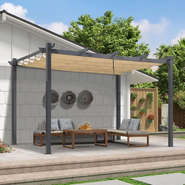 PURPLE LEAF 9.5 ft. x 13 ft. Gray Aluminum Frame Pergola Against The Wall with Beige Retractable Sun Shade Canopy for Porch Garden