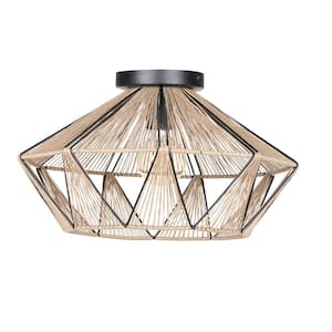Adwickle 17.50 in. W x 10.20 in. H 1-Light Black Dual Mount Ceiling/Pendant Light with Natural Fabric Shade