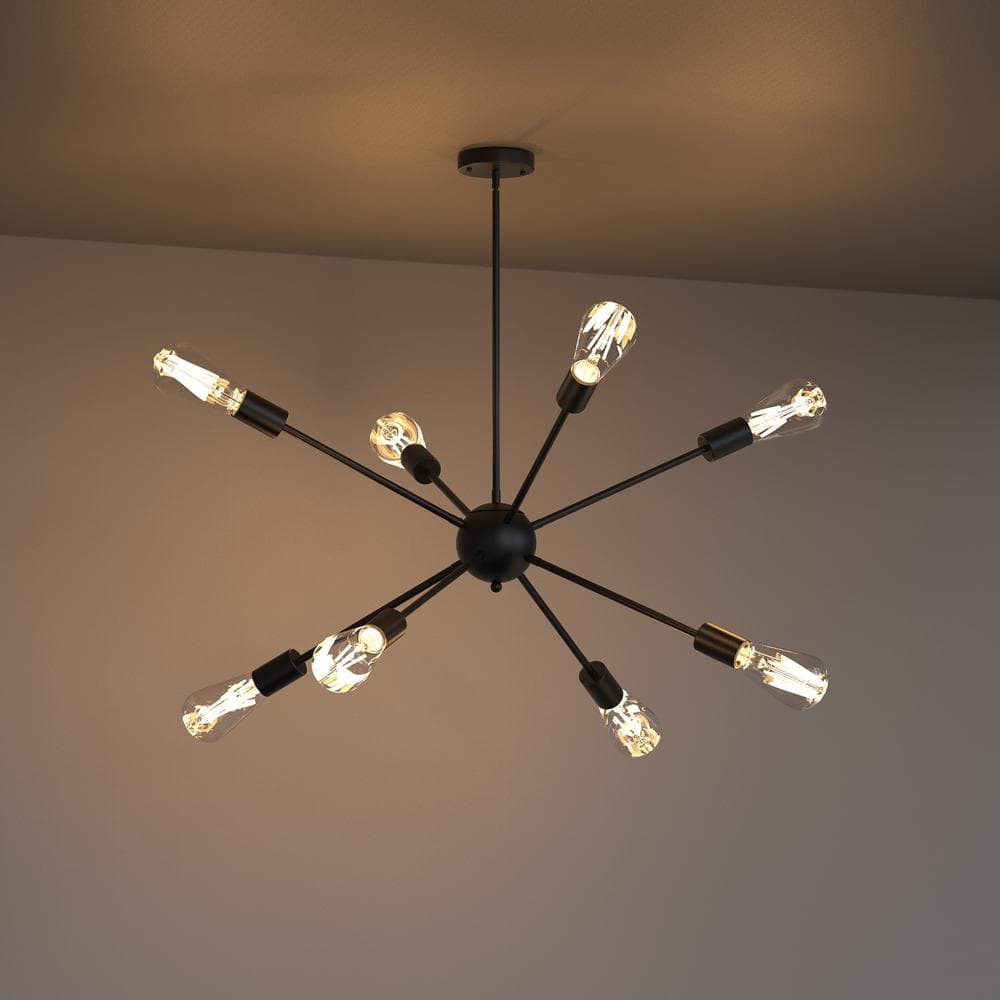 Matte Black 8-Light Sputnik Chandelier with Adjustable Rod