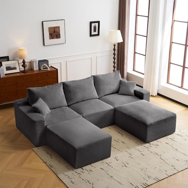 110 in. Corduroy Fully Compressed Sectional Sofa in Gray with 2 Ottomans