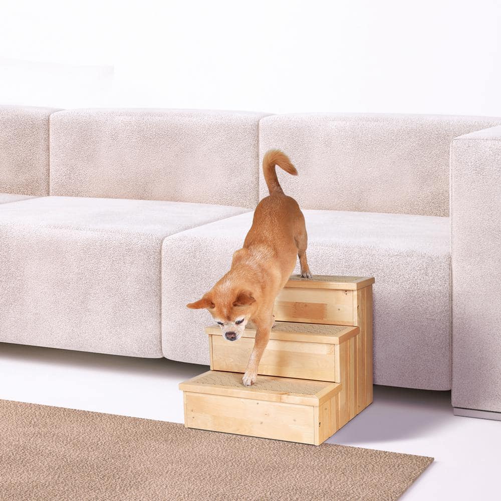Natural Birch 3-Step Wooden Pet Stairs with Carpeted Steps