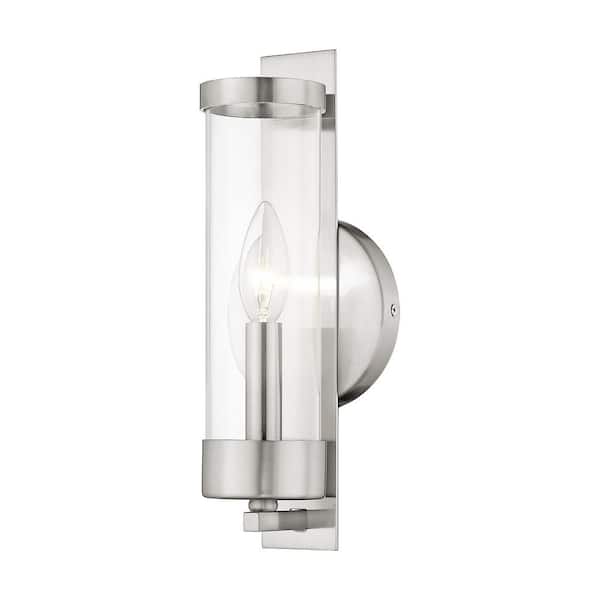 AVIANCE LIGHTING Mayfield 12 in. 1-Light Brushed Nickel ADA Wall Sconce with Clear Cylinder Glass
