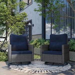2-Peice Gray Wicker Outdoor Rocking Chair Swivel Chair with Navy Blue Cushions