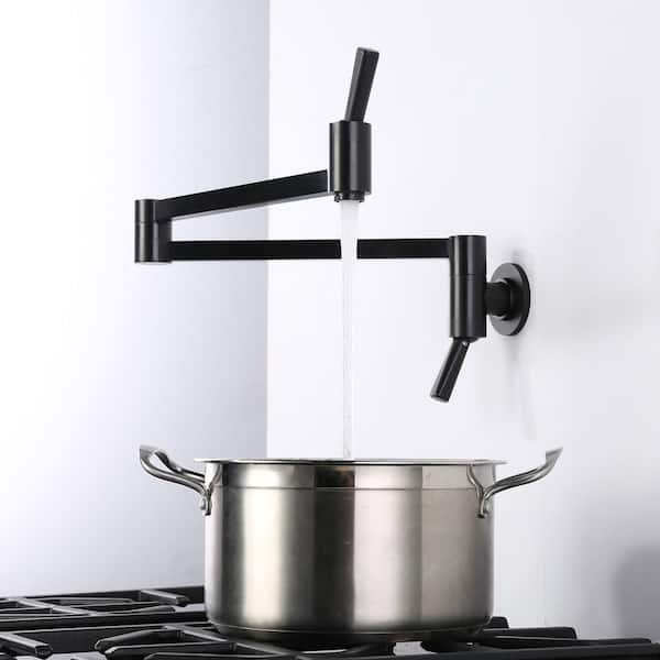 Brass Wall Mount Pot Filler with Double Vertical Handle, 2-Aerators and Swing Arms Kitchen Faucet in Matte Black