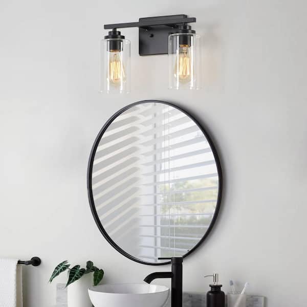 KAWOTI 13 in. 2-Light Black Vanity Light with Clear Glass Shade
