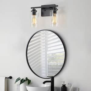 13 in. 2-Light Black Vanity Light with Clear Glass Shade