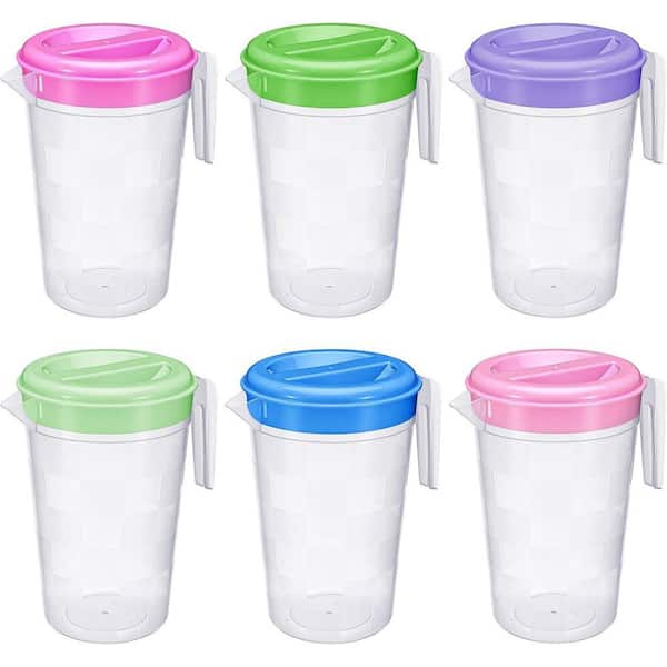 6-Piece 67 fl. oz. Round Clear Plastic Pitcher with Lid, Handle for Iced Tea Beverages, Water Pitcher for Easy Pouring