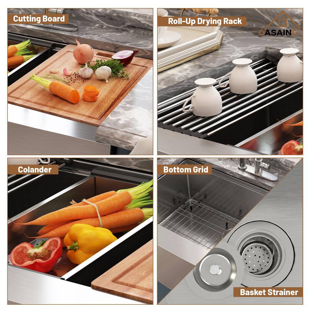 33" Brushed Stainless Steel Farmhouse Workstation Kitchen Sink