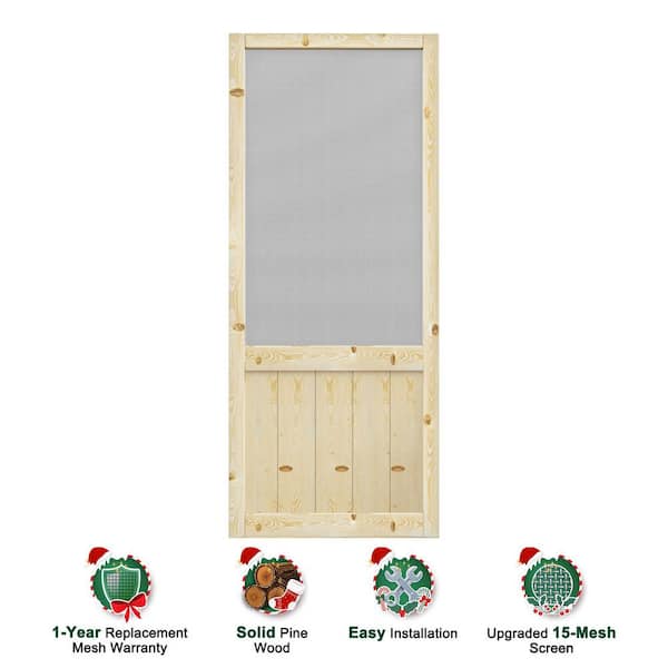32 in. x 80 in. Universal Unfinished Solid Pine Wood Farmhouse Paneled Hinged Screen Door with Gauze Mesh for Courtyard