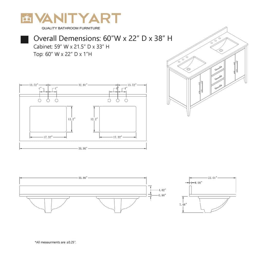 60" Natural Oak Double Sink Bathroom Vanity with Marble Top