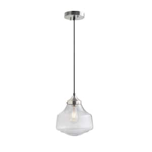 1-Light Elm Brushed Nickel Pendant Light with Bell Shaped Glass Shade