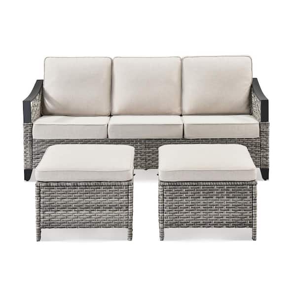 3-Piece Wicker Outdoor Patio Sofa Sectional Couch Set with Ottomans, Beige Cushions