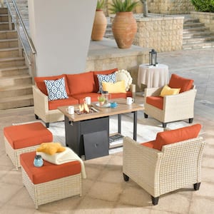 Camelia Beige 6-Piece Wicker Patio New Style Rectangular Fire Pit Seating Set with Orange Red Cushions