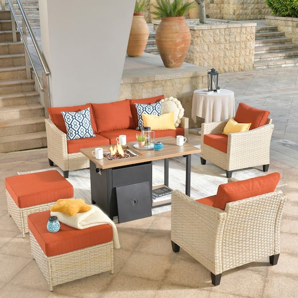 weaxty W Camelia Beige 6-Piece Wicker Patio New Style Rectangular Fire Pit Seating Set with Orange Red Cushions