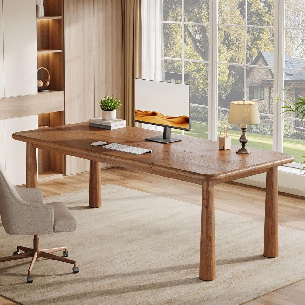 BYBLIGHT 63 in. Rectangle Brown Solid Wood Executive Computer Desk