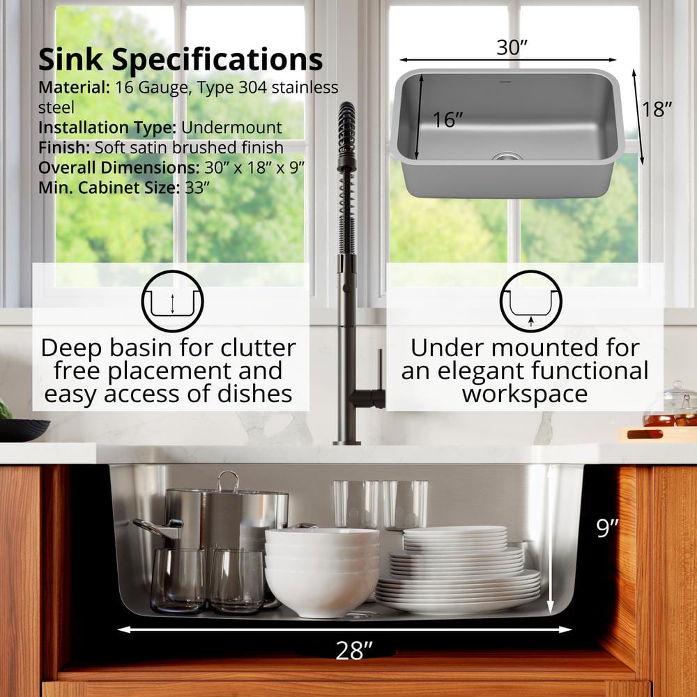 Karran 30'' Satin Brushed Stainless Steel Single Bowl Undermount Kitchen Sink