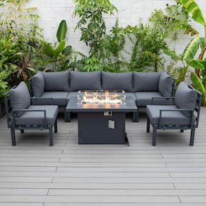 Chelsea Modern Black 7-Piece Aluminum Patio Sectional Seating Set with Fire Pit Table and Black Cushions