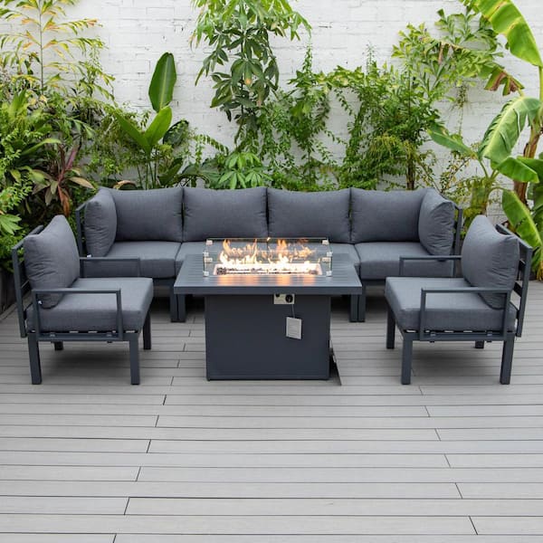 Leisuremod Chelsea Modern Black 7-Piece Aluminum Patio Sectional Seating Set with Fire Pit Table and Black Cushions