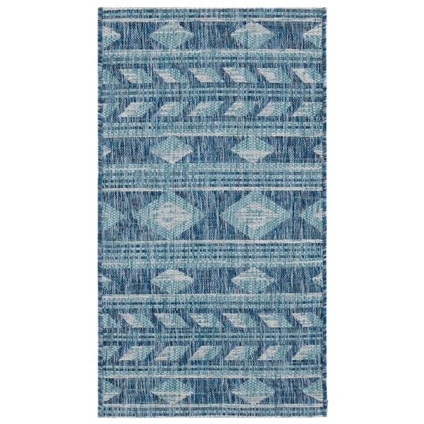 Courtyard Navy/Aqua 2 ft. x 4 ft. Striped Diamond Geometric Indoor/Outdoor Area Rug