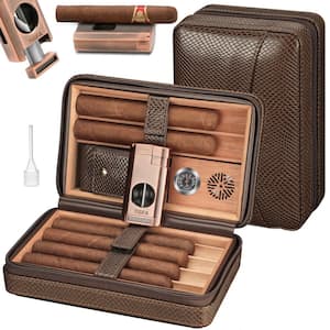 Portable Textured Brown Leather Cedar Wood Cigar Case(Includes Cigar Cutter, Cigar Holder 3 in 1 and Lighter)