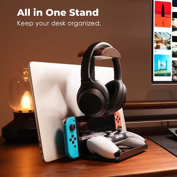 Headphone Stand Holder Wood Desk Organizer with Laptop Dock for