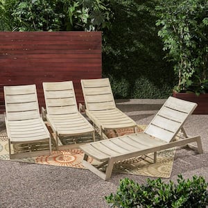 Maki Light Grey Wash 4-Piece Wood Outdoor Patio Chaise Lounge